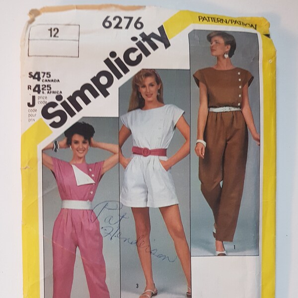 Sewing Pattern for Women's Jumpsuit or Romper Playsuit Asymmetric Front Closing Shorts or Pants 80s Size 14 Bust 34" (92 cm) Simplicity 6276