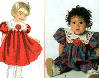 UNCUT Sewing Pattern Baby and Toddler Puffed Sleeve Frilly Dress and Elasticized Ankle Jumpsuit Size 1/2 1 2 Chest 19-21" Simplicity 7397 G