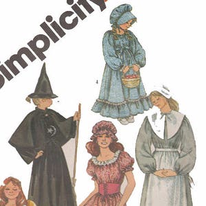 May include: A Simplicity sewing pattern for five different children's costumes: a witch, a pilgrim, an angel, a pioneer, and a little girl. The pattern includes instructions and diagrams for each costume.
