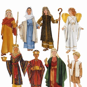 May include: Illustration of eight figures in religious costumes. The figures include a shepherd, angel, and wise men, each wearing detailed garments. The artwork features a variety of colors, including gold, red, and blue, with a white background.