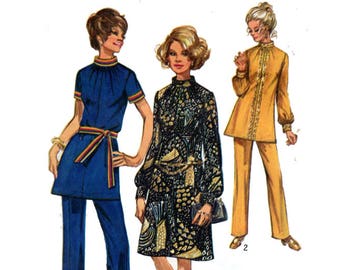 Womens Mod Dress or Tunic Elastic Waistline Pants Trousers Sewing Pattern Vintage 70s Size 14 Bust 36" (91 cm) Simplicity 9085 G