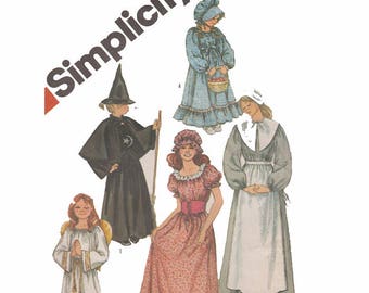 Girl's Costume Vintage Sewing Pattern Witch Angel Pilgrim Historical Dress Bonnet Hats Size 10/12 Bust 25-30" (63-76 cm) Simplicity 5741 S