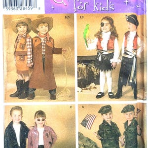 May include: Simplicity costume pattern for kids, featuring cowboy, pirate, and military-themed outfits. The pattern includes various costume designs, such as a cowboy with a hat and boots, a pirate with an eye patch, and military uniforms.