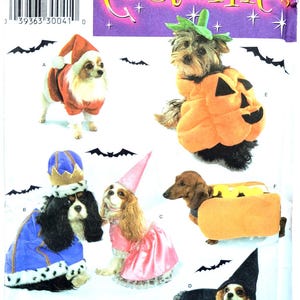May include: Simplicity costume pattern showing dogs in Halloween outfits. Includes a Santa suit, pumpkin costume, king's robe, princess dress, hot dog, and witch costume. The pattern is size A, all sizes.