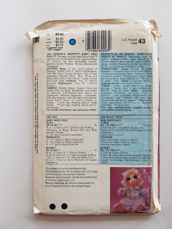 Uncut Vintage Sewing Pattern For Baby Miss Piggy Doll Clothes Etsy