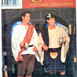 May include: A Simplicity Celtic Costume Collection pattern. The image shows two people in traditional Celtic attire, including kilts, plaid scarves, and long-sleeved shirts. The pattern includes sizes BB, L, and XL.
