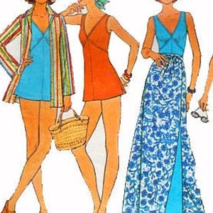 May include: Illustration of three women in vintage summer outfits. One wears a blue dress with a striped jacket, another an orange dress, and the third a blue floral wrap skirt and top. Accessories include sunglasses, a straw bag, and sandals.