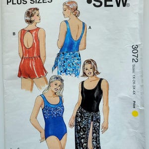 May include: Kwik Sew pattern 3072 for plus sizes 1X-4X features illustrations of four swimsuits. Designs include a red swimsuit with a back cutout, a blue swimsuit with a floral sarong, a blue floral-accented swimsuit, and a black swimsuit with a fish-print sarong.