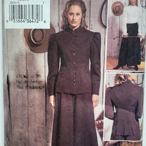 May include: A vintage sewing pattern from Butterick, featuring a woman in a dark brown suit with a high collar and button details. The pattern includes a skirt and jacket, with additional images showcasing the design. The pattern number is 3836.
