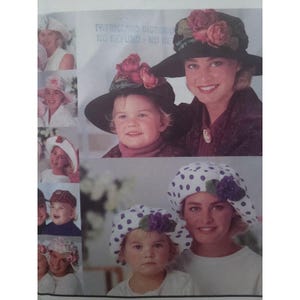 May include: A collage of images showcasing various hat designs. Featured are hats with floral embellishments, polka dots, and classic shapes. The hats are worn by both adults and children, suggesting a range of styles and sizes.