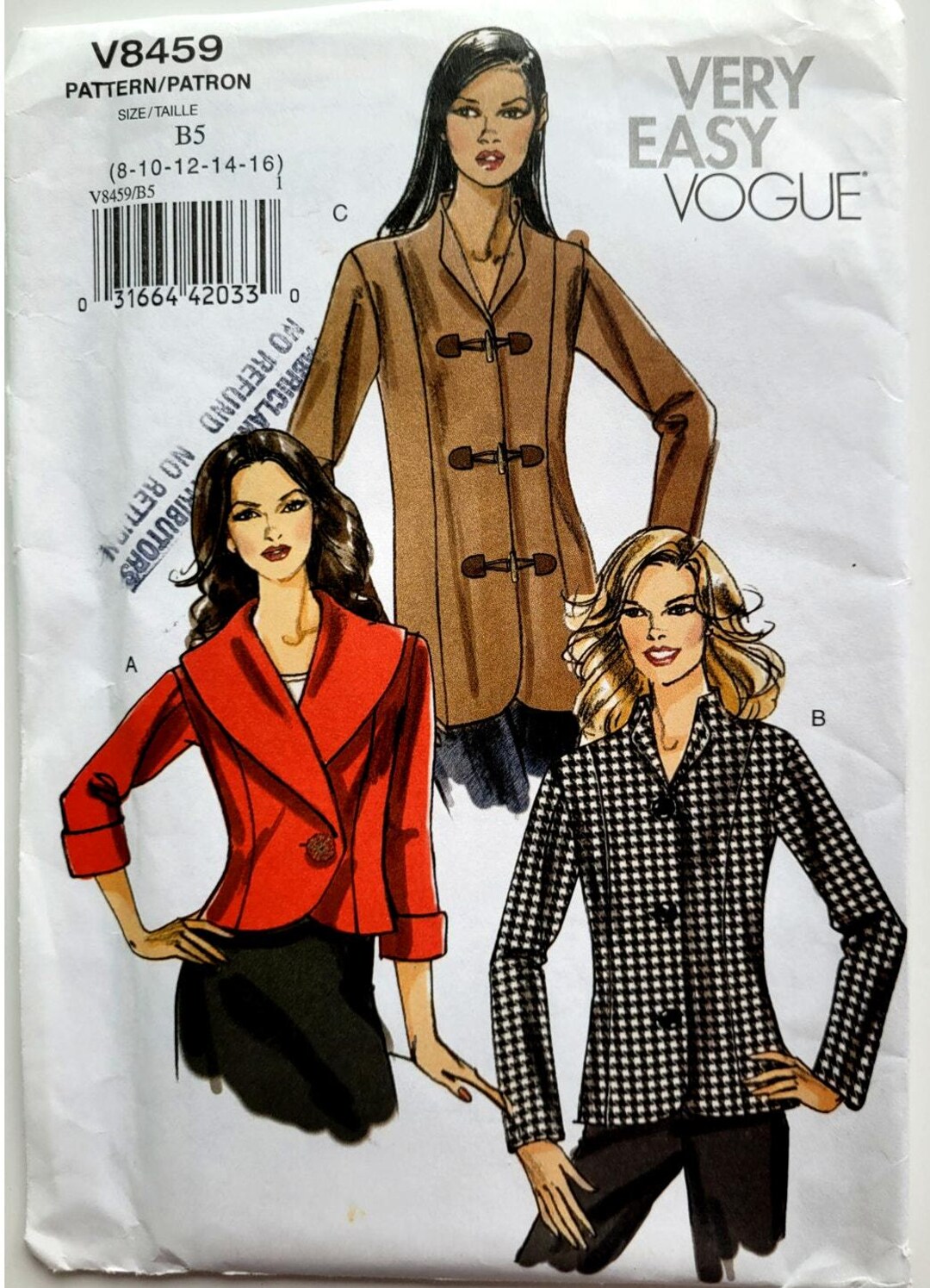 Simplicity Pattern 8459 Vogue 8459 Sewing Pattern for Easy Jacket Frog Closure Below Hip Bust ...