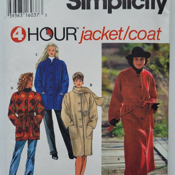 1990s Vintage Sewing Pattern for Four-Hour Coat in Two Lengths and Jacket w Drop Shoulders - Sizes 6-16, Bust 30.5 to 38"- Simplicity 9221 G