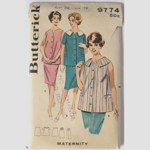 May include: A Butterick 9774 maternity sewing pattern envelope featuring illustrations of three outfits: a pink sleeveless top and skirt, a teal short-sleeved top with a white collar and skirt, and a striped sleeveless top with a white collar and skirt.