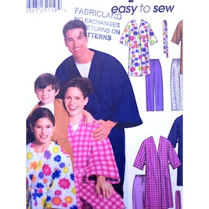 May include: A sewing pattern package showing a family in robes and pyjamas. The package includes illustrations of robes with floral and plaid patterns, and pyjama sets. The text "easy to sew" is visible.