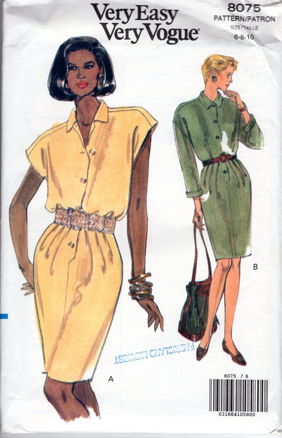 Patrón de costura muy fácil sin cortar para vestido camisero de los años 90  con mangas cortas, tallas 6, y 10, busto 30,5-32,5 (78-83 cm) Vogue