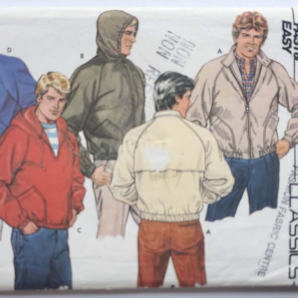 Man's Jacket Pattern - Vintage 80s Sewing Pattern for Men's Hoodie, Windbreaker, Kangaroo Jacket - Chest 40" (102 cm) - Butterick 6209 G