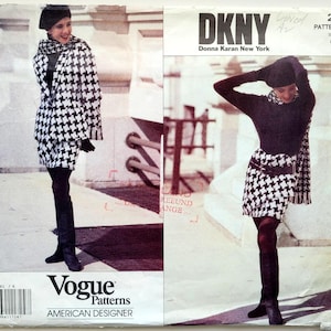 May include: A DKNY Donna Karan New York Vogue Patterns sewing pattern envelope, number 2781, for sizes 6-8-10. The cover features two images of a black and white houndstooth skirt and jacket ensemble, paired with a black turtleneck and beret.