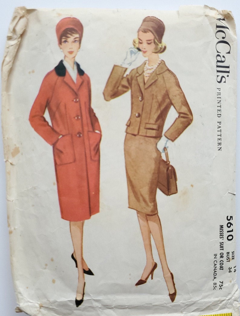 Vintage Size 14 B34 60s Sewing Pattern for Single-Breasted Coat and Skirt Suit w Lined Jacket Coat Pattern McCalls 5610 G Bust 34