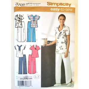 May include: A Simplicity 3705 sewing pattern envelope for an easy-to-sew top and pants set. The package displays illustrations of four variations of the garment, including floral and solid color designs, with size K5 8, 10, 12, 14, 16 listed.