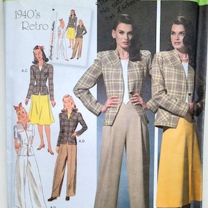May include: Simplicity sewing pattern with a 1940s retro theme. The image displays a woman in a plaid jacket and tan trousers, and a woman in a plaid jacket and yellow skirt. The pattern offers various outfit choices. The text reads "1940's Retro".