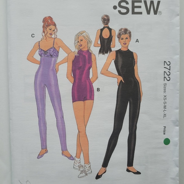 1990s Vintage Sewing Pattern for Unitard with Keyhole Back Workout Bodysuit, Yoga Jumpsuit - Sizes XS-XL- Bust 31.5 to 45" - Kwik Sew 2722 G