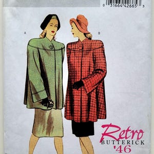 Op de afbeelding: Vintage Butterick naaipatroon B5298. Het patroon toont illustraties van twee vrouwen in retro jassen en rokken. De ene jas is groen, de andere is rood. Het patroon bevat de tekst "Retro Butterick '46".