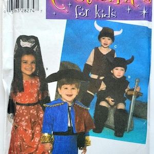 May include: Simplicity costume pattern for children, showcasing four kids in different outfits. The costumes include a matador, a Spanish dancer, and two Viking-themed costumes. The pattern includes sizes 1/2, 1, 2, 3, and 4.
