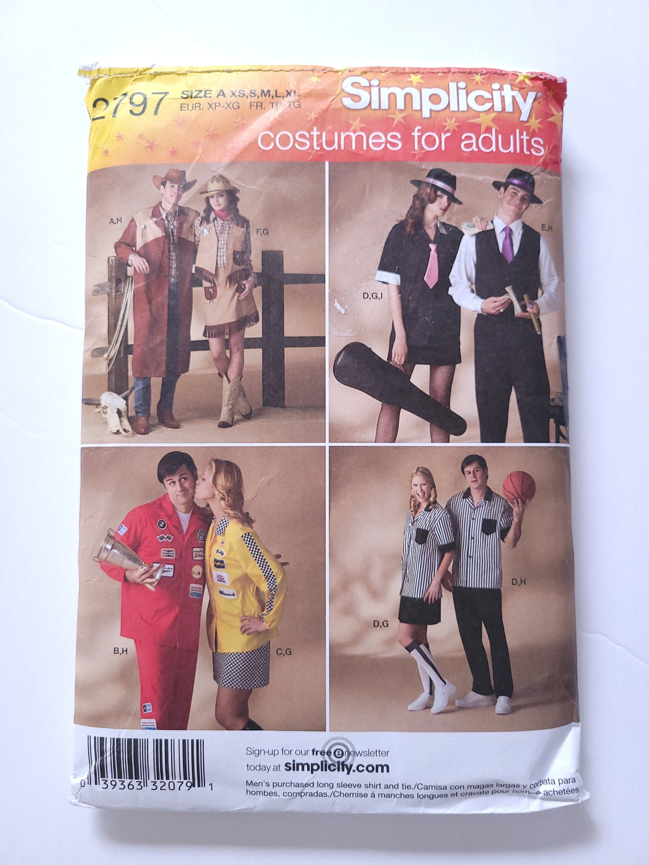 UNCUT Couples Costumes Pattern - Sewing Pattern for Gangster, Race Car Driver, Cowboy Cowgirl - Size XS-XL - Simplicity 2797
