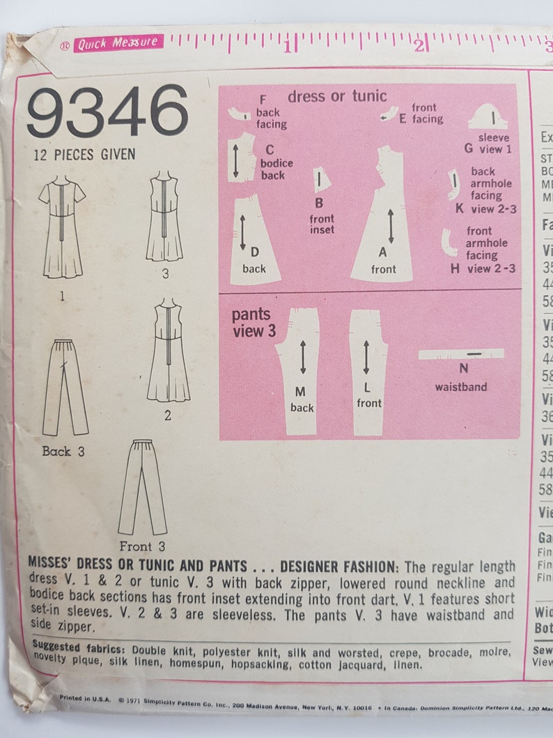 B36 Easy Sewing Pattern for Mod Dress, Tunic & Pants Vintage 70s Dress Pattern Size 14 Bust 36 91 cm Simplicity 9346 G image 4