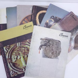May include: A selection of vintage "Ceramics Monthly" magazines. The covers display images of pottery, sculptures, and ceramic art. The magazines are in various colours, including yellow, blue, and brown, with the "Ceramics" title visible on several covers.