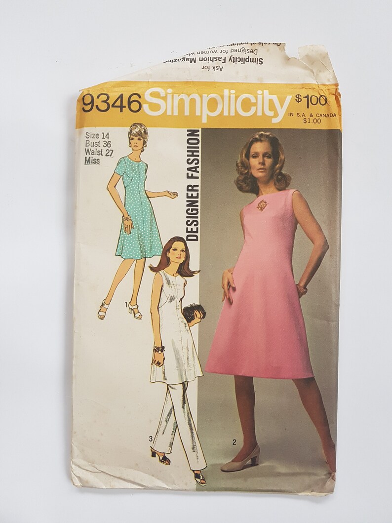 B36 Easy Sewing Pattern for Mod Dress, Tunic & Pants Vintage 70s Dress Pattern Size 14 Bust 36 91 cm Simplicity 9346 G image 1