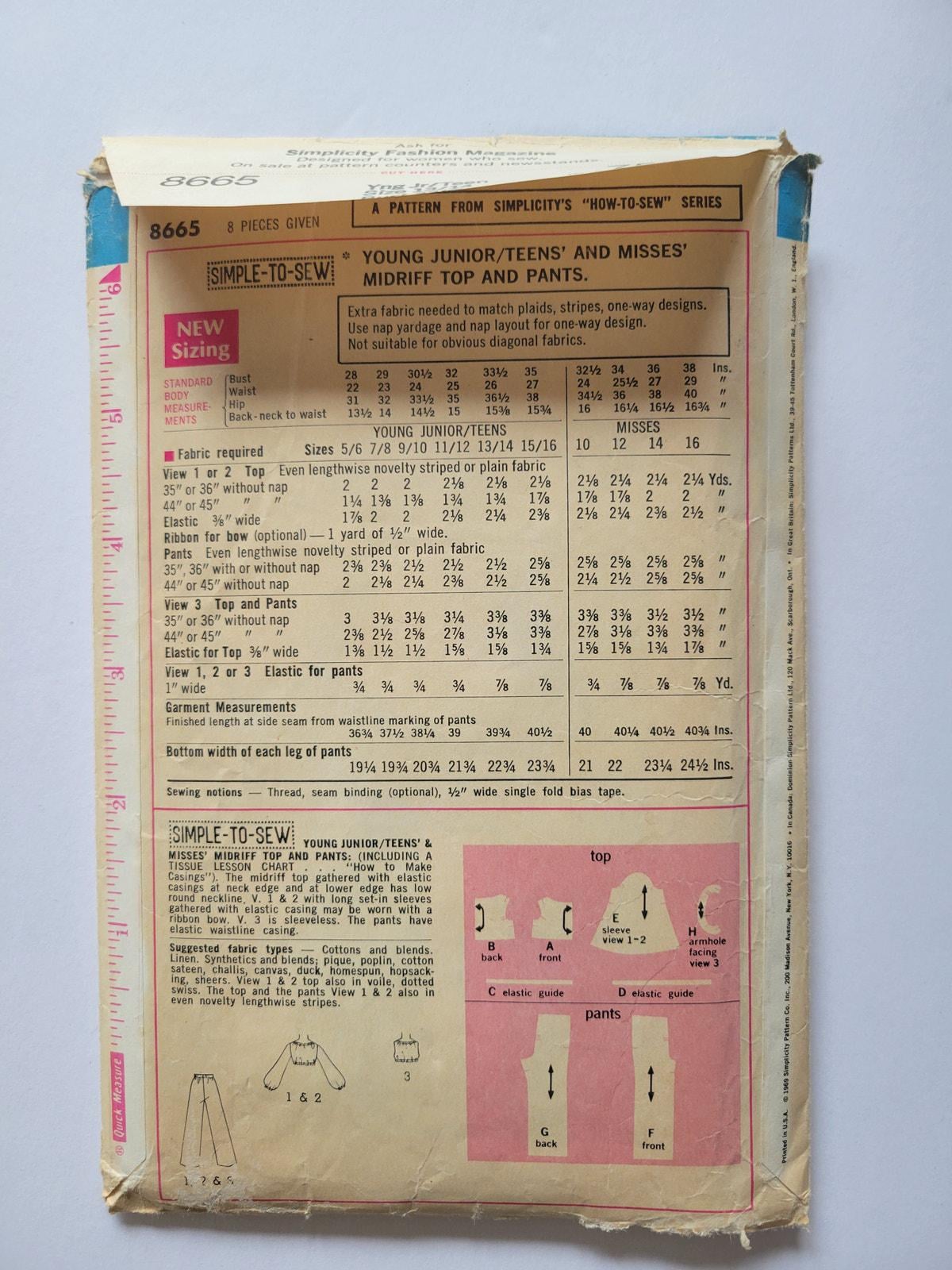 1960年代 B33.5インチ クロップトップとパンツの裁縫パターン