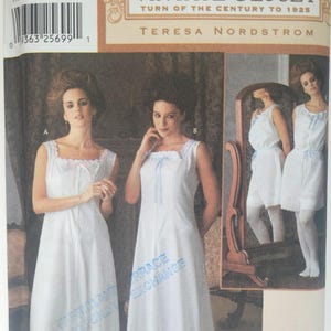 May include: A Simplicity sewing pattern envelope for Vintage Closet turn of the century to 1925 garments. The cover features white sleeveless nightgowns and a short set with ruffles, lace trim, and ribbon accents, labelled with pattern number 7157.