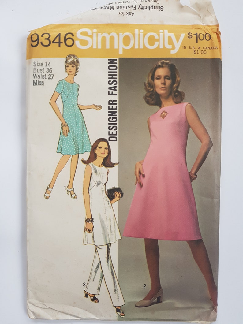 B36 Easy Sewing Pattern for Mod Dress, Tunic & Pants Vintage 70s Dress Pattern Size 14 Bust 36 91 cm Simplicity 9346 G image 2