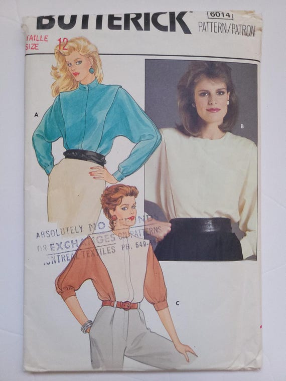80s Sewing Pattern for Misses Dolman Sleeve Blouse, Colorblock Shirt, Business Casual Top, Vintage Size 12, Bust 34"