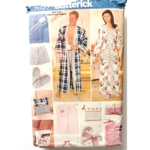 May include: A sewing pattern for a robe with a floral print and a plaid print. The pattern is for one size and is from Butterick. The pattern number is 5027.