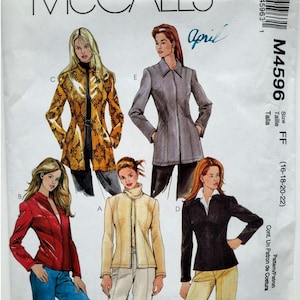 May include: McCall's sewing pattern M4596 showing jacket designs. The pattern includes various jacket styles in different colours, including red, black, yellow, and a patterned orange and black jacket. The size range is FF (16-18-20-22).