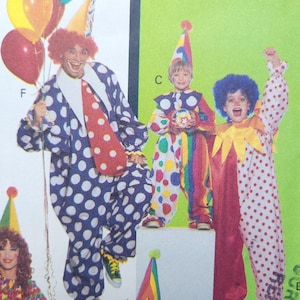 May include: A colorful image showcasing several clown costumes. One clown wears a blue and white polka-dot outfit with a red tie and holds balloons. Other costumes feature rainbow, red, and white polka-dot designs, with matching hats.