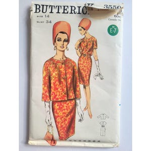 May include: A Butterick 3550 sewing pattern envelope for size 14, bust 34. The illustration features a two-piece outfit with a jacket and dress in a vibrant orange and yellow paisley-like print, paired with a matching pillbox hat and white gloves.