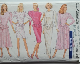 Easy Sewing Pattern for Peplum Dress - 80s Basque Waist Dress Pattern - Modest Dress Pattern - Size 12-16 Bust 34-38" - Butterick 5937 G