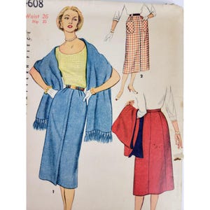 May include: Vintage sewing pattern featuring a woman in a yellow top, blue skirt, and shawl. The pattern includes illustrations of different skirt styles. Text on the pattern reads "608 Waist 26 Hip 35".