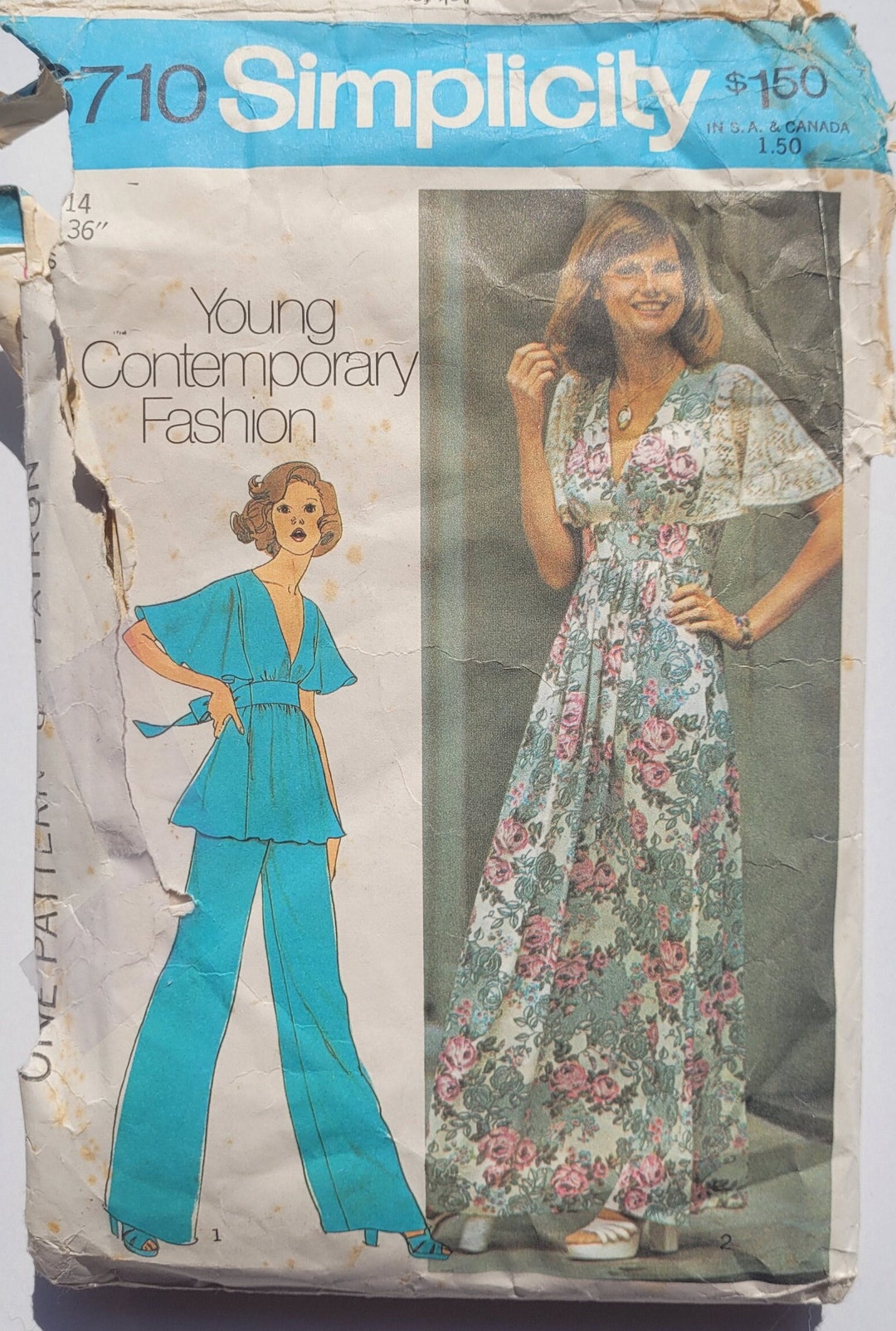 70s Vintage Sewing Pattern for Flutter Sleeve Tieback Maxi Dress Boho