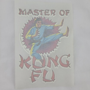 May include: A vintage sticker featuring a cartoon illustration of a martial artist in a blue uniform performing a kick. The words "MASTER OF KUNG FU" are written in red, stylized lettering. The image is set against a pink burst.