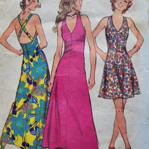 Simplicity 5037 70-tals sömnadsmönster för halterneckklänning/sommarklänning, vintagestorlek 12, byst 86 cm
