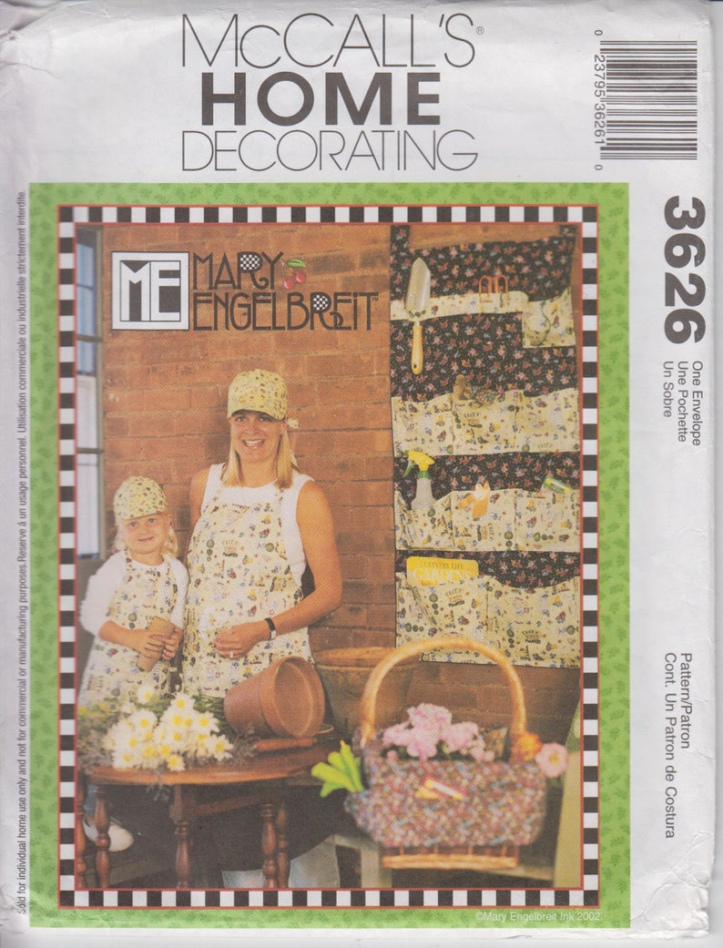 Sewing Pattern for Mary Engelbreit Home Decor Garden Tools Storage Holder Apron UNCUT McCall/'s 3626 S Cushions Garden Basket Hats
