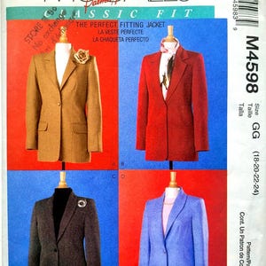 Patron de couture McCalls 4598 pour blazer doublé à découpes princesse et col châle, tailles 18-24, tour de poitrine 40-46 pouces
