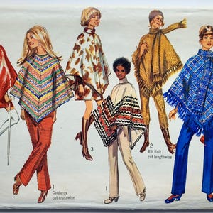 May include: A vintage Simplicity sewing pattern envelope for size 14, featuring illustrations of six different poncho styles. The designs include a red vinyl poncho, a multi-coloured striped poncho, a brown patterned poncho, and a blue plaid fringe poncho.