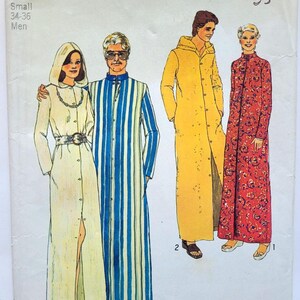 May include: Simplicity sewing pattern 6060 featuring illustrations of long robes. The pattern includes a hooded robe, a striped robe, a yellow robe, and a floral robe. The pattern is for sizes small, 34-36 for men.