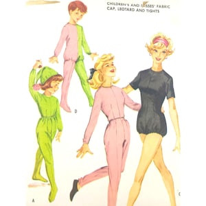 May include: Illustration of children's clothing patterns. The image features four figures in various outfits, including a green jumpsuit with a matching hat, a pink jumpsuit, a black leotard, and a two-toned pink and green jumpsuit. Text at the top reads "CHILDREN'S AND MISSES' FABRIC CAP, LEOTARD AND TIGHTS."