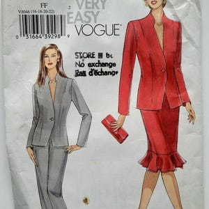 May include: Vogue pattern V8046 featuring illustrations of women's suits. One suit is a gray pantsuit, and the other is a red skirt suit with a ruffled hem. The pattern includes the text "VERY EASY VOGUE".